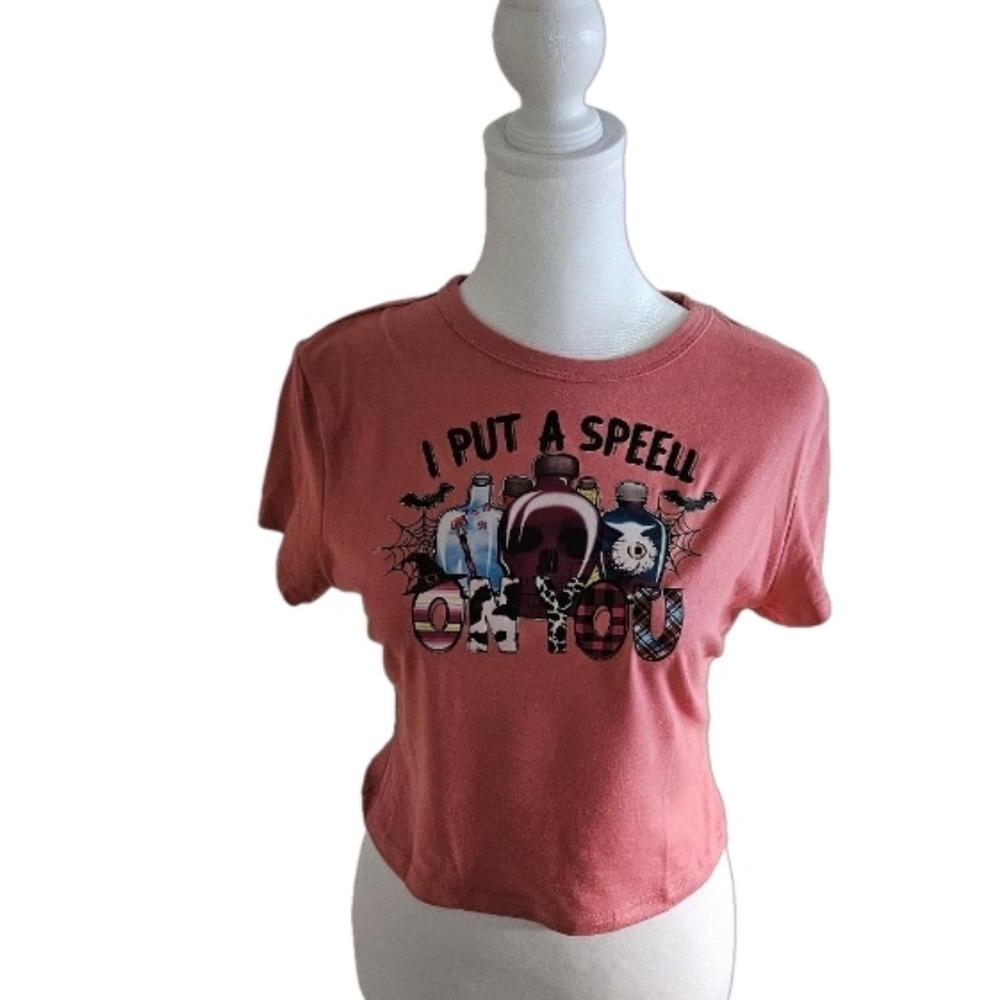 Upcycled Pink Coral Crop Top Graphic Tee Size Large - Picture 10 of 17
